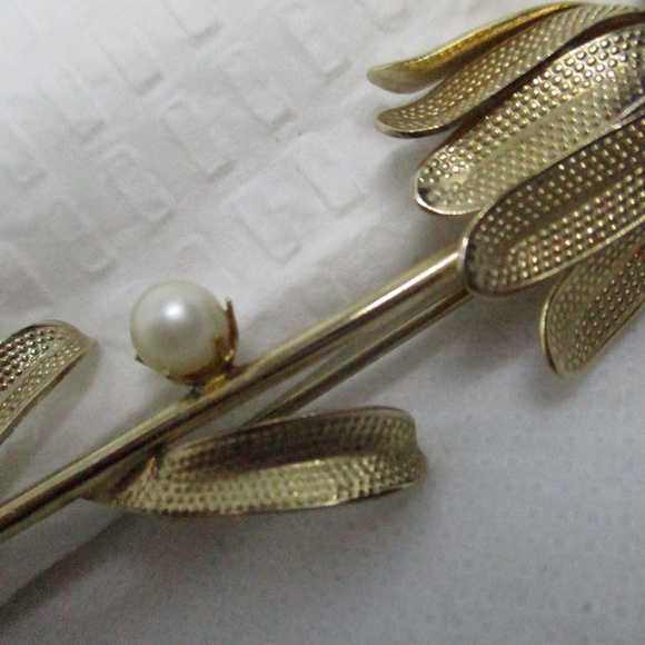 TIGER EYE Genuine PEARL Gold Tone Flower Brooch - Picture 8 of 8